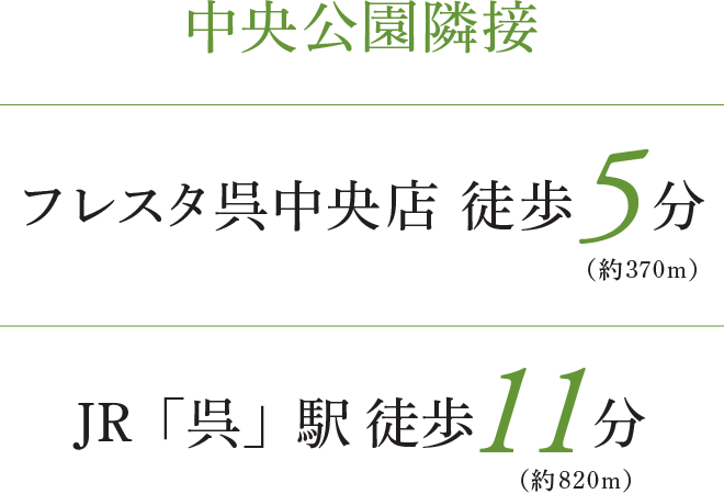 中央公園隣接 フレスタ呉中央店 徒歩5分 JR「呉」駅 徒歩11分